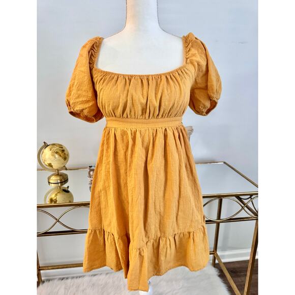 Hesperus Cotton Yellow Empire Waist Mini Dress Short Puff Sleeve Back Tie Medium - Picture 2 of 11